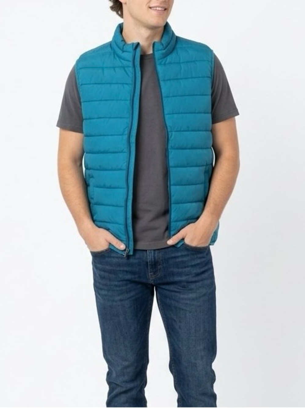 Swiss Tech Mens L Teal Blue Puffer Vest Full Zip Insulated Lined Stand-Up Collar